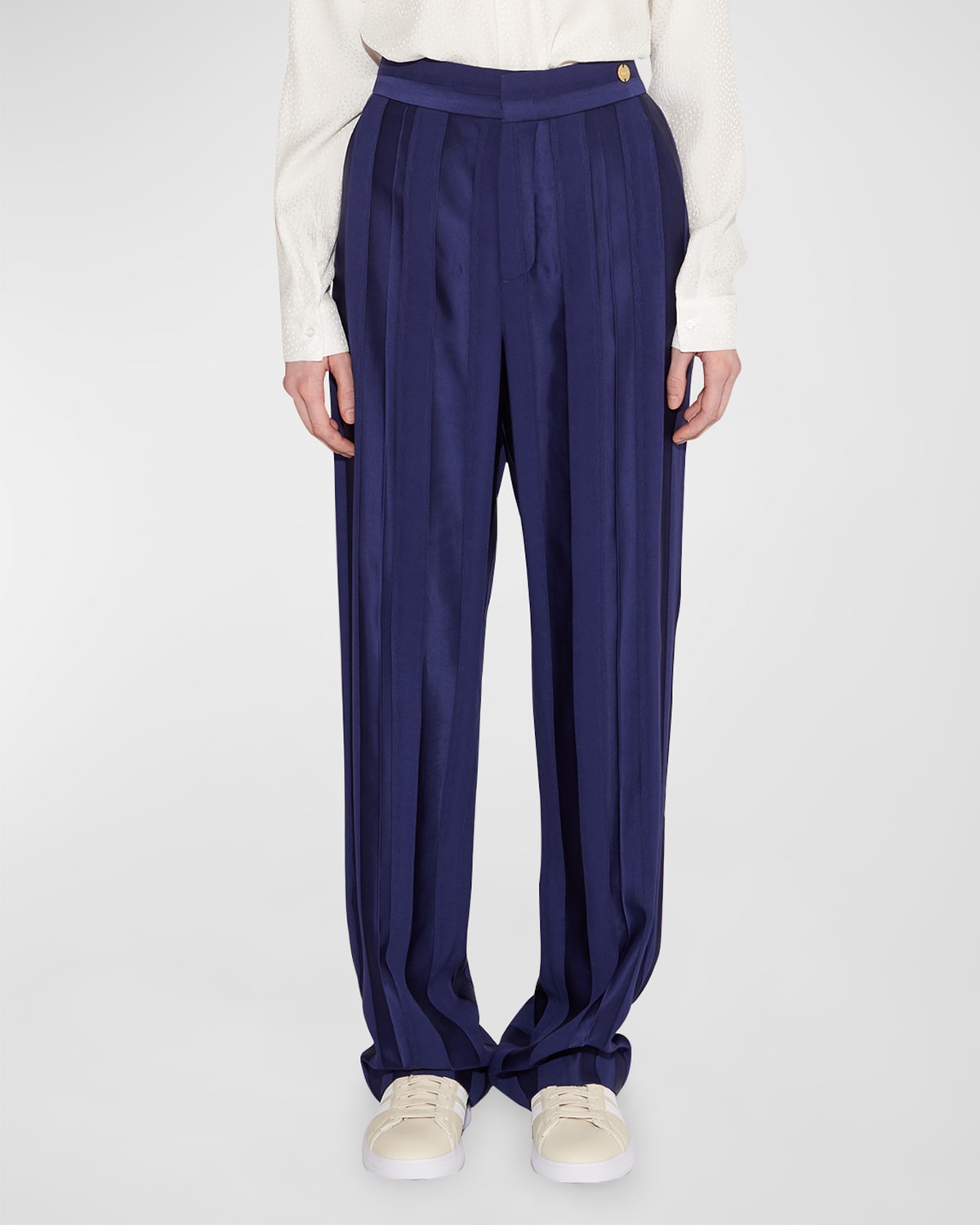 Shop Callas Milano Sydney Striped Wide-leg Satin Pants In Navy