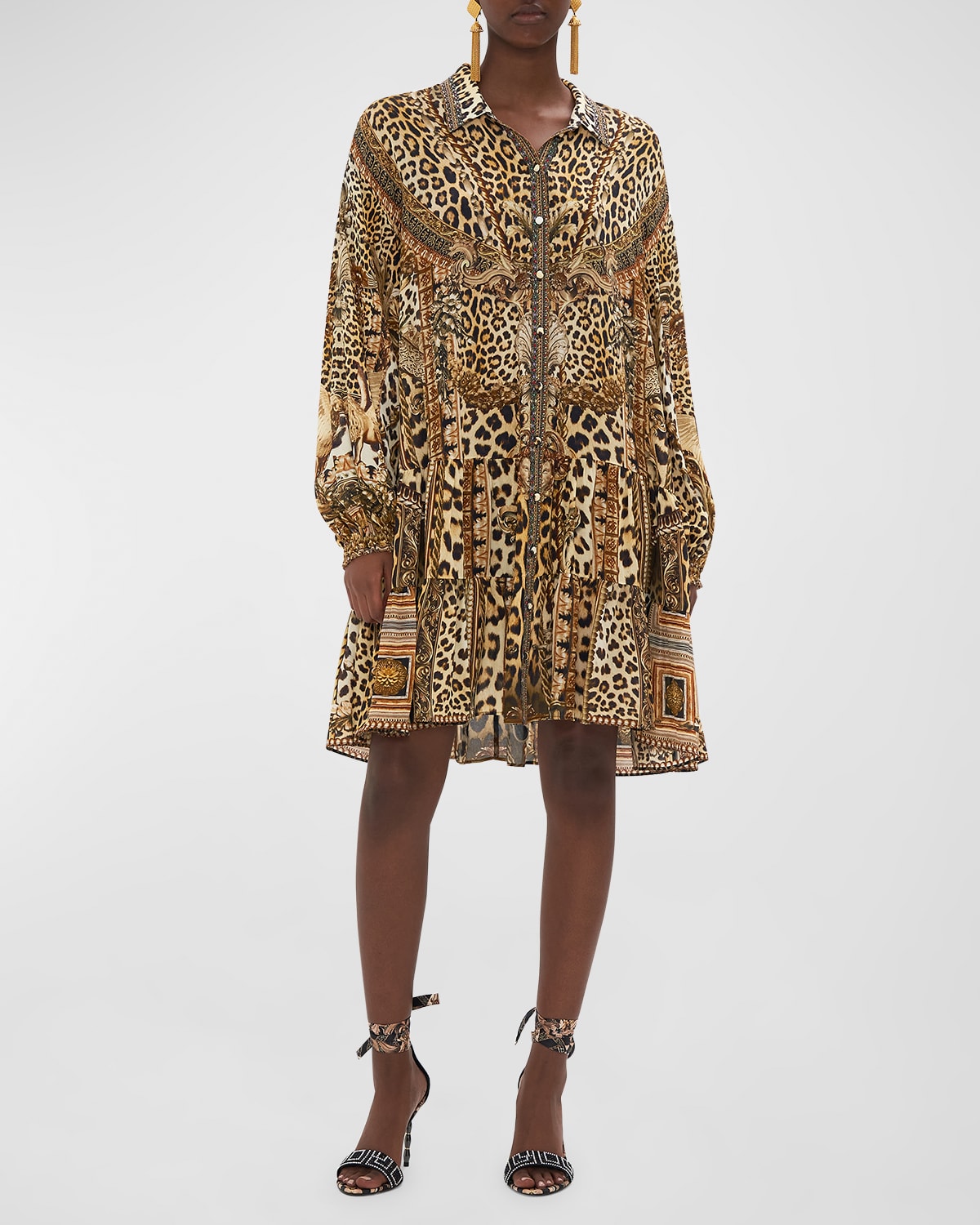 Camilla Mixed Animal-print Silk Tiered Mini Shirtdress In Standing Ovation
