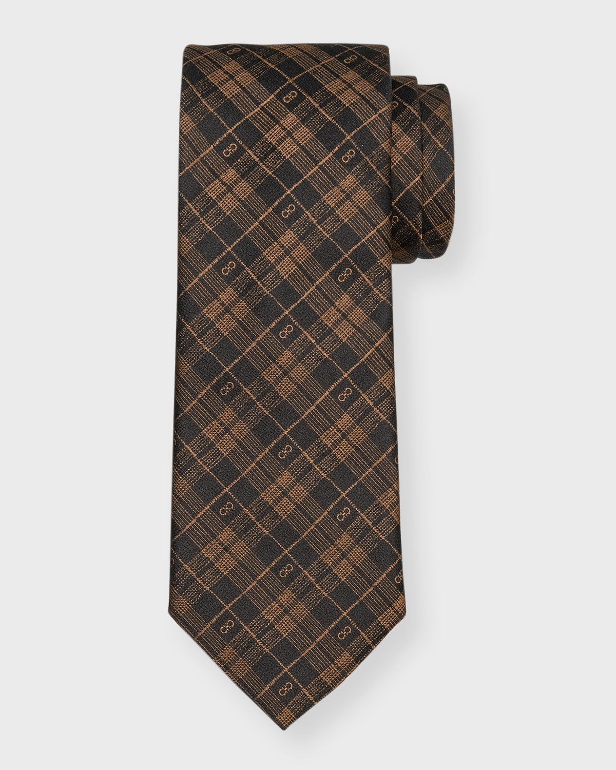 Ferragamo Men's Silk Gancini-plaid Tie In Marrone