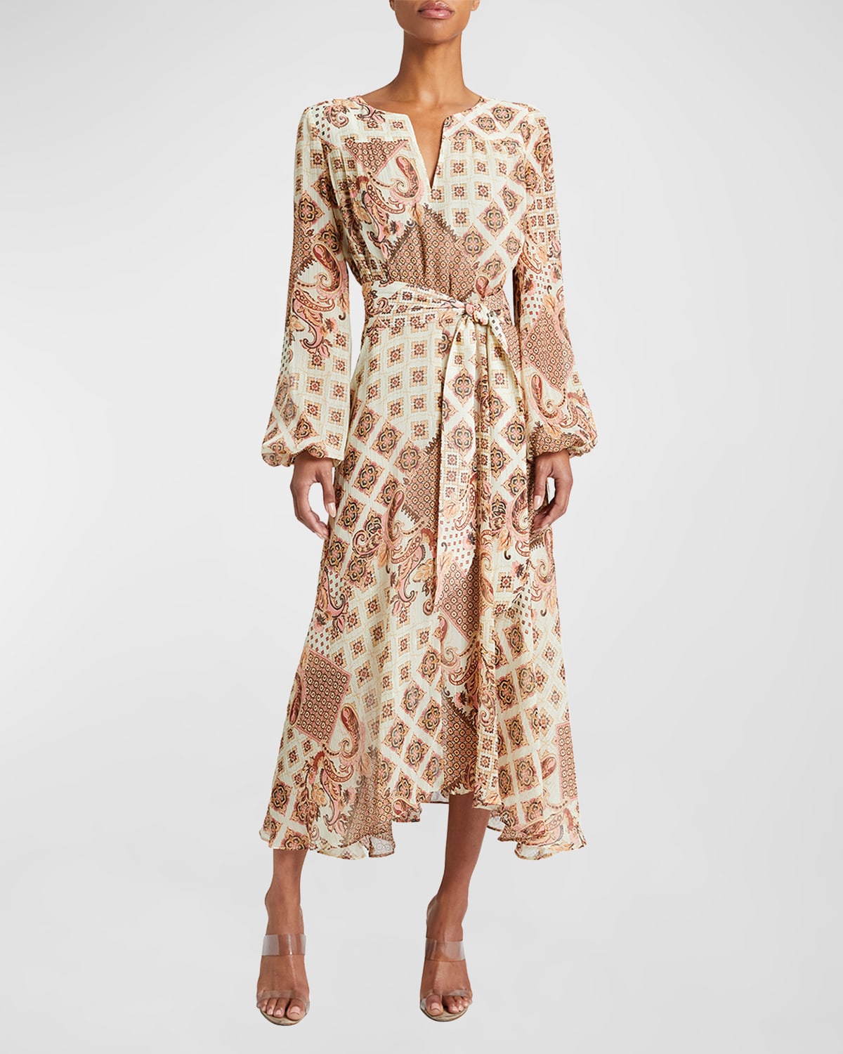 Aubree Geo-Print Blouson-Sleeve Midi Dress