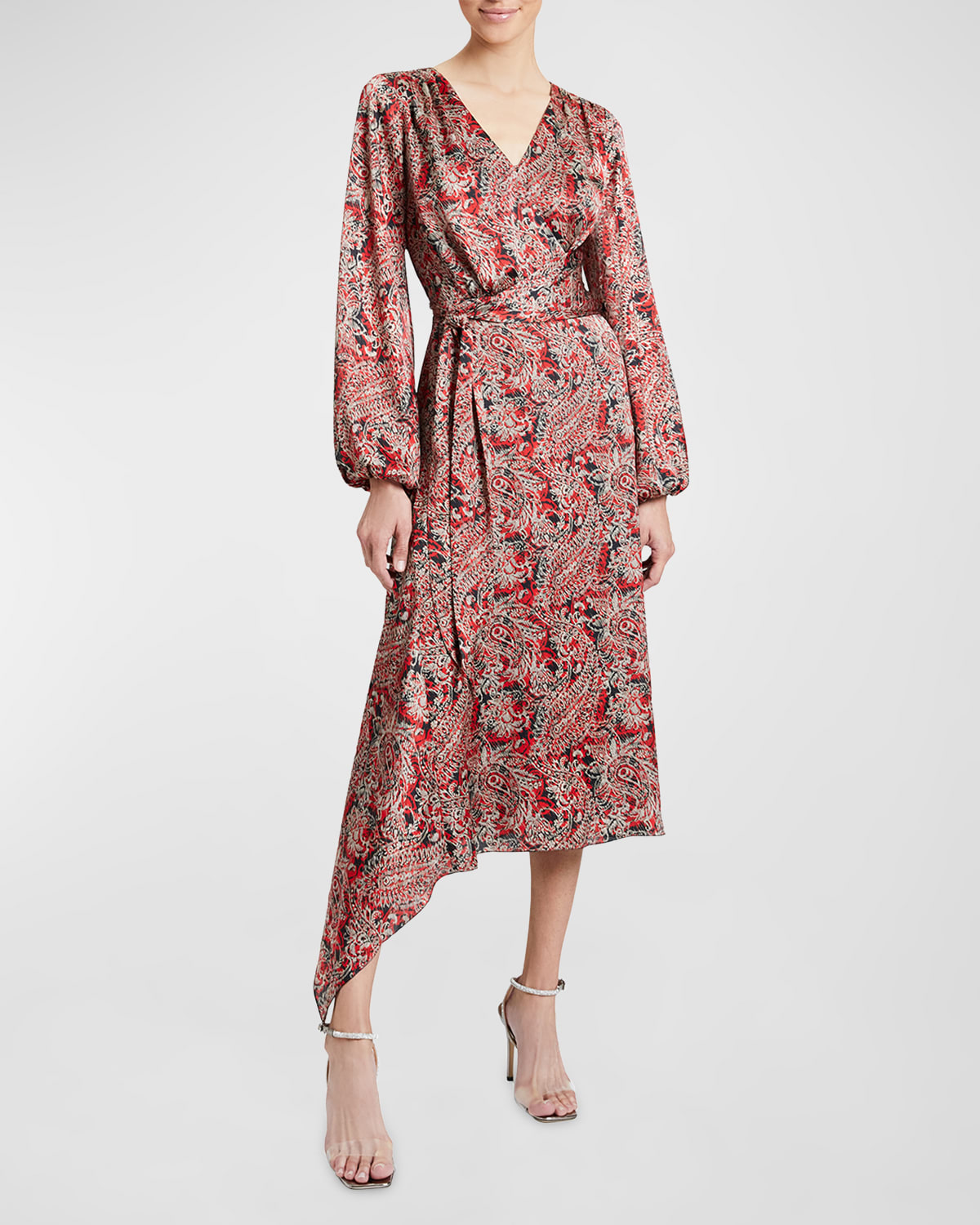 Shop Santorelli Vanna Paisley-print Faux Wrap Midi Dress In Crimson
