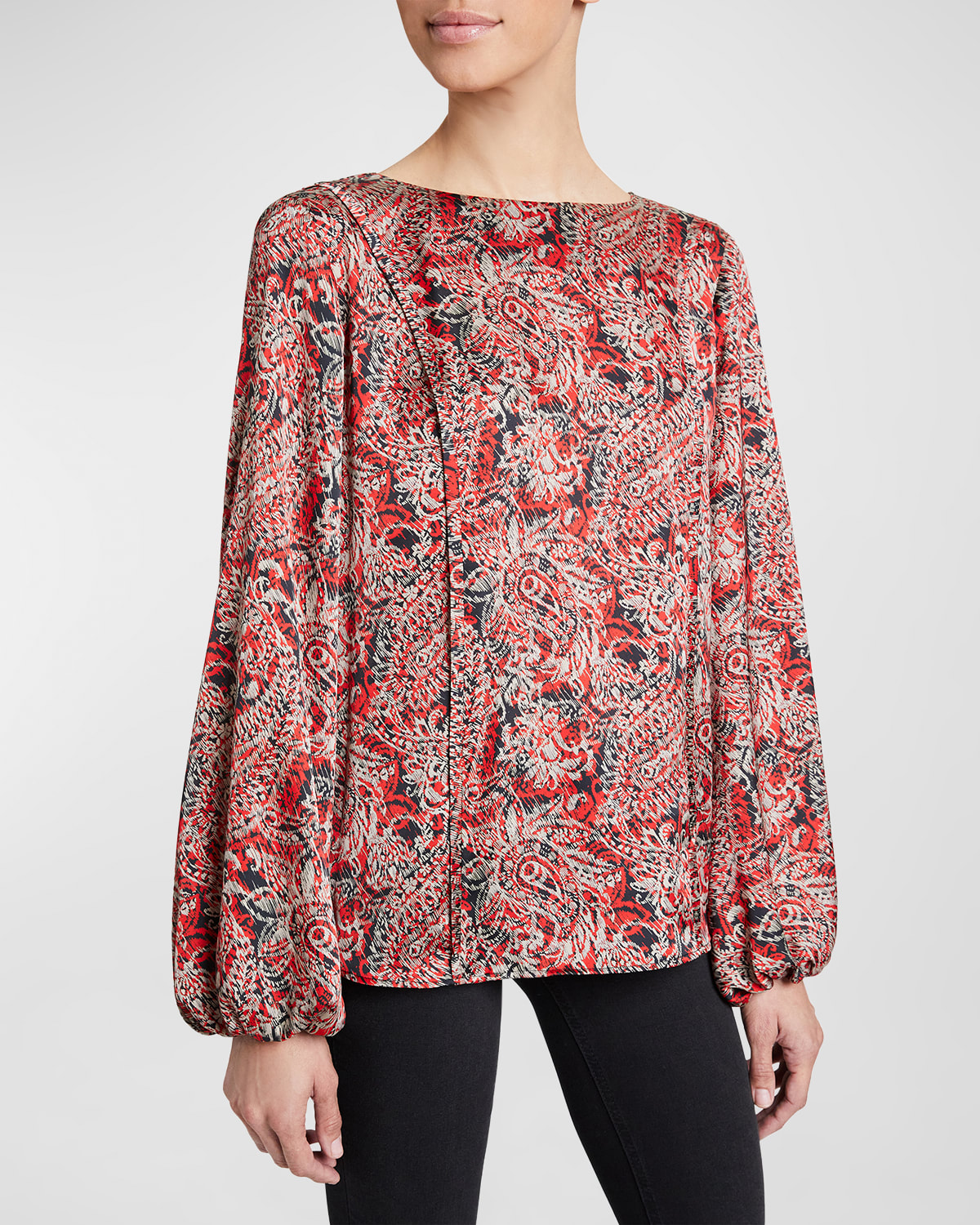 Shop Santorelli Emory Paisley-print Blouson-sleeve Blouse In Crimson