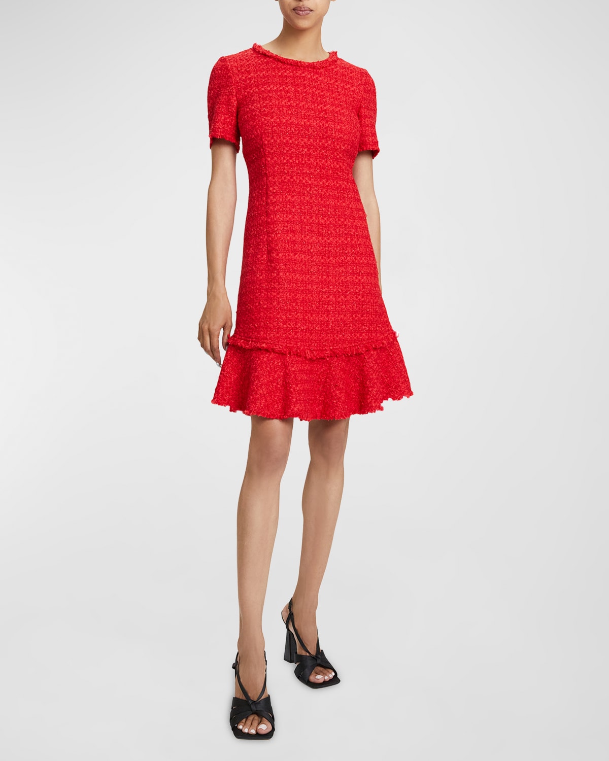 Shop Santorelli Manta Ruffle-trim Shimmer Tweed Mini Dress In Crimson