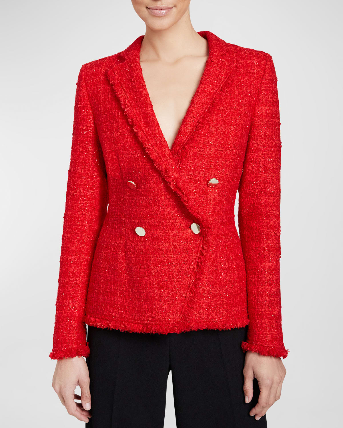 Shop Santorelli Alaia Double-breasted Shimmer Tweed Jacket In Crimson