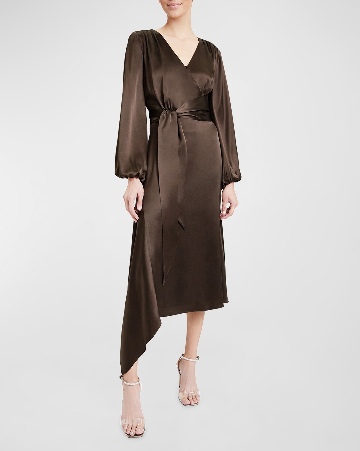Santorelli Vanna Faux Wrap Silk Charmeuse Midi Dress In Cocoa