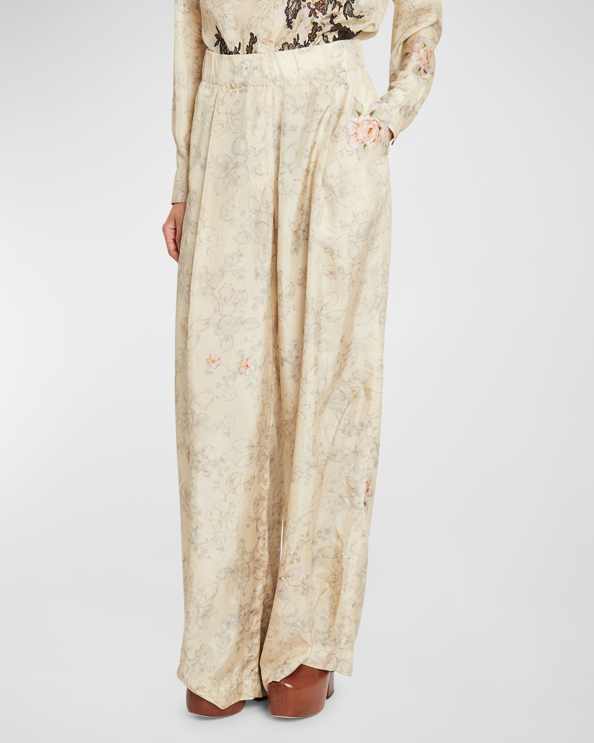 Dries Van Noten Pila Floral-print Pleated Wide-leg Silk Pull-on Pants In Beige