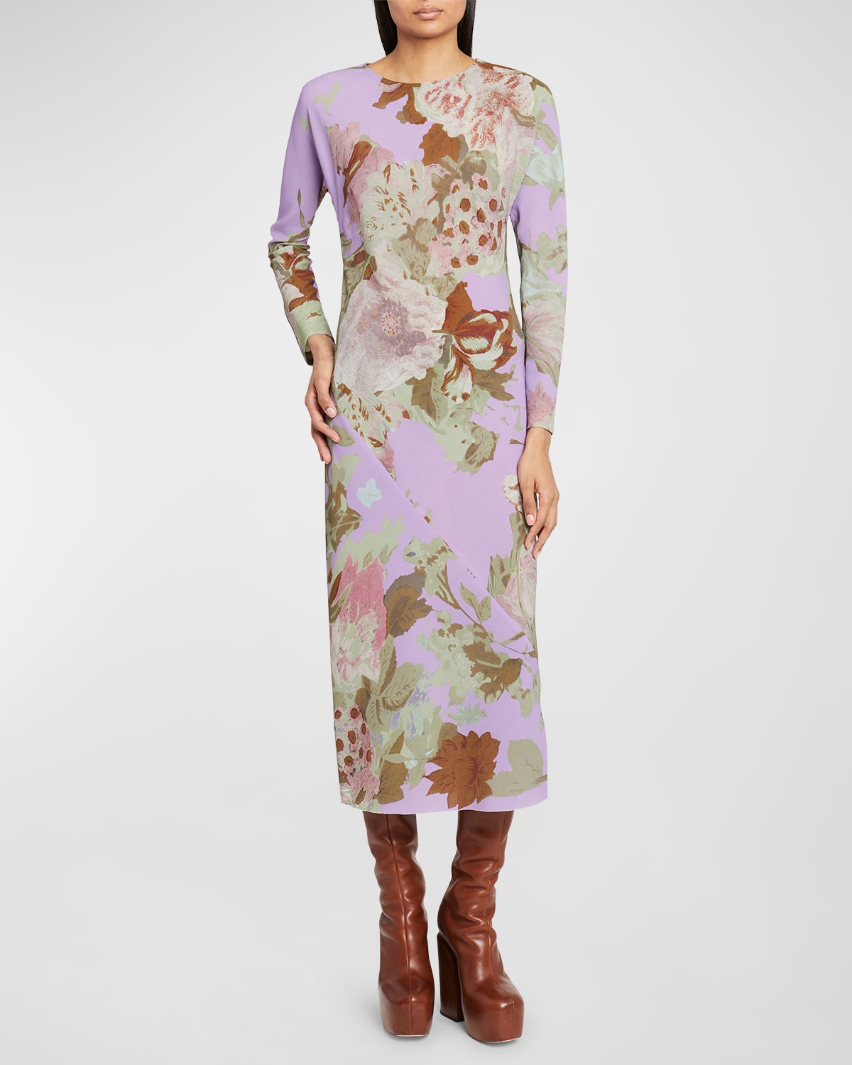 Dries Van Noten Davion Floral-print Long-sleeve Spiral Midi Dress In Lilac