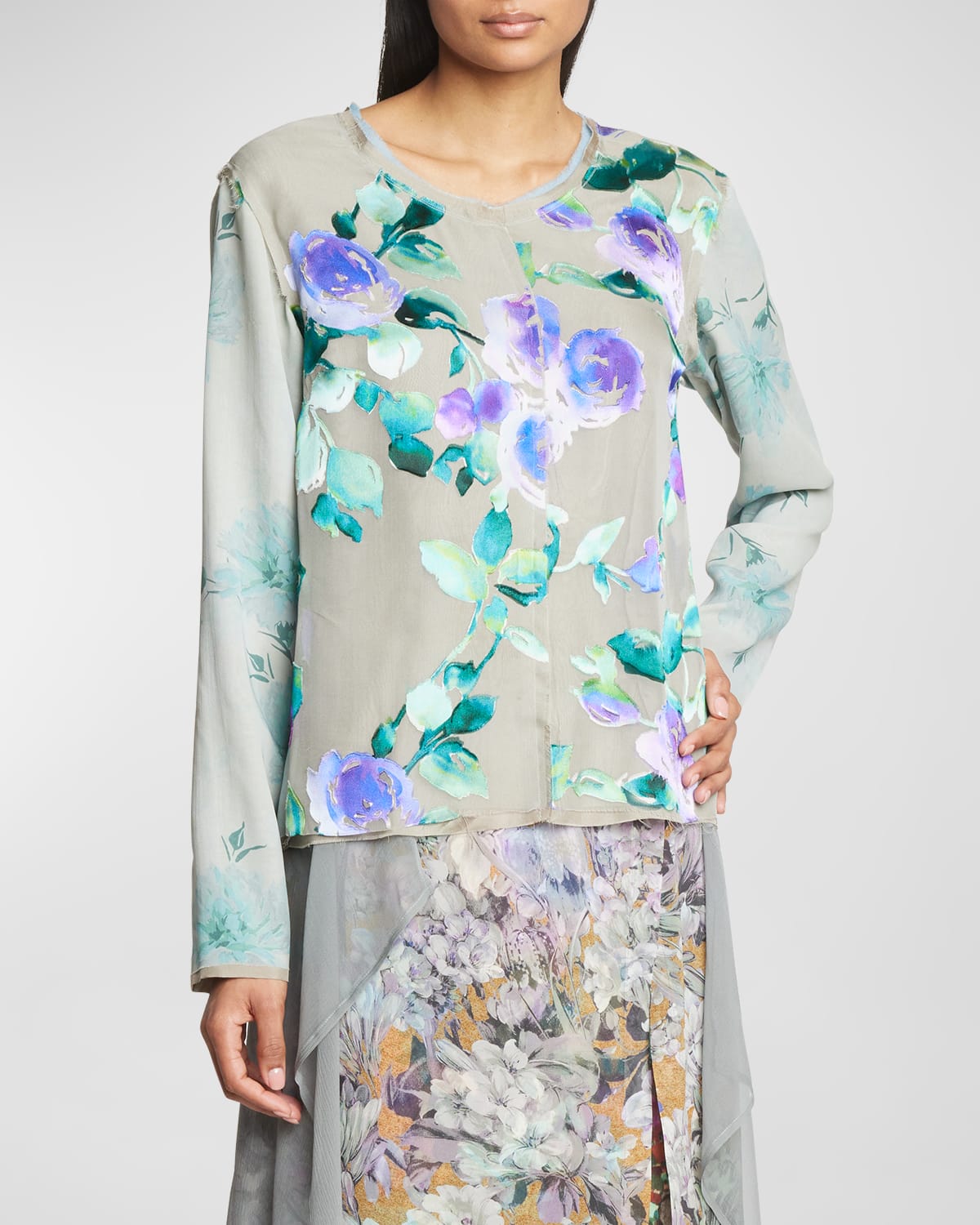 Dries Van Noten Cerina Floral Frayed-edge Silk Shirt In Gray