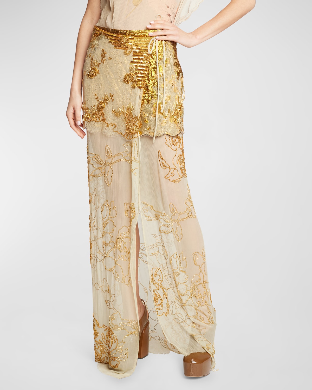 Silene Beaded Lace-Overlay Maxi Wrap Skirt