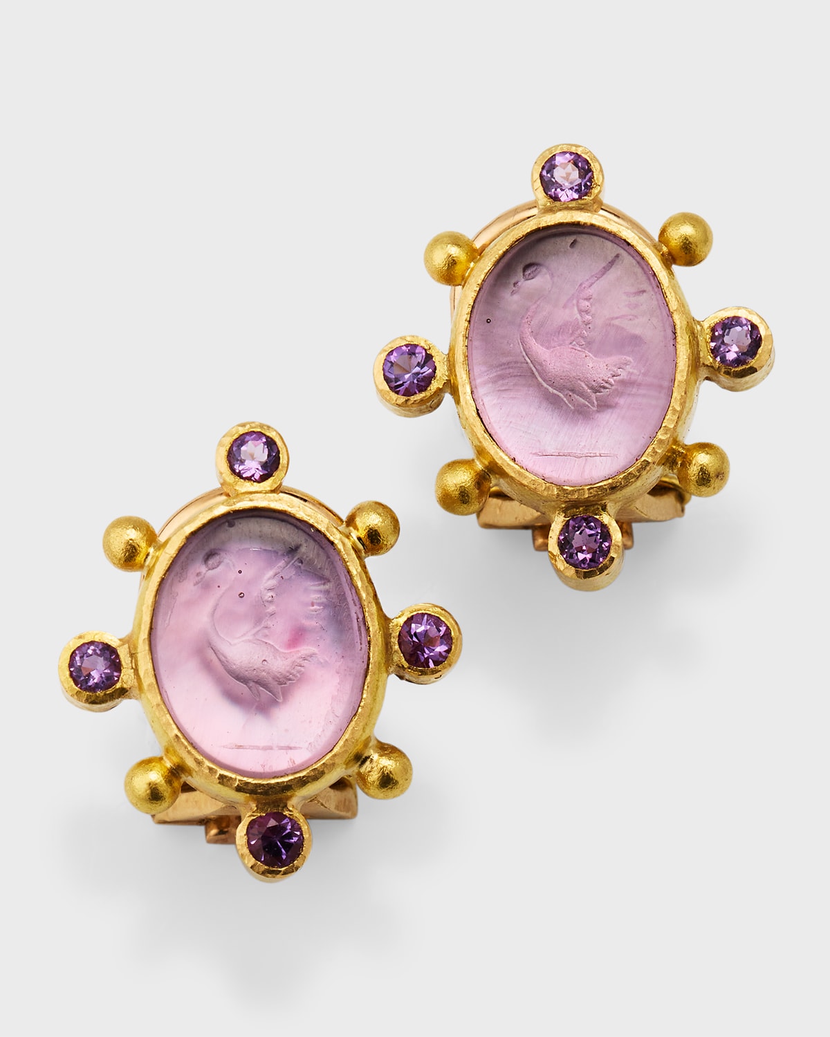 Elizabeth Locke 19k Venetian Glass Intaglio Oval Crane Earrings With 2.5mm Amethyst And Dots, Mulberry