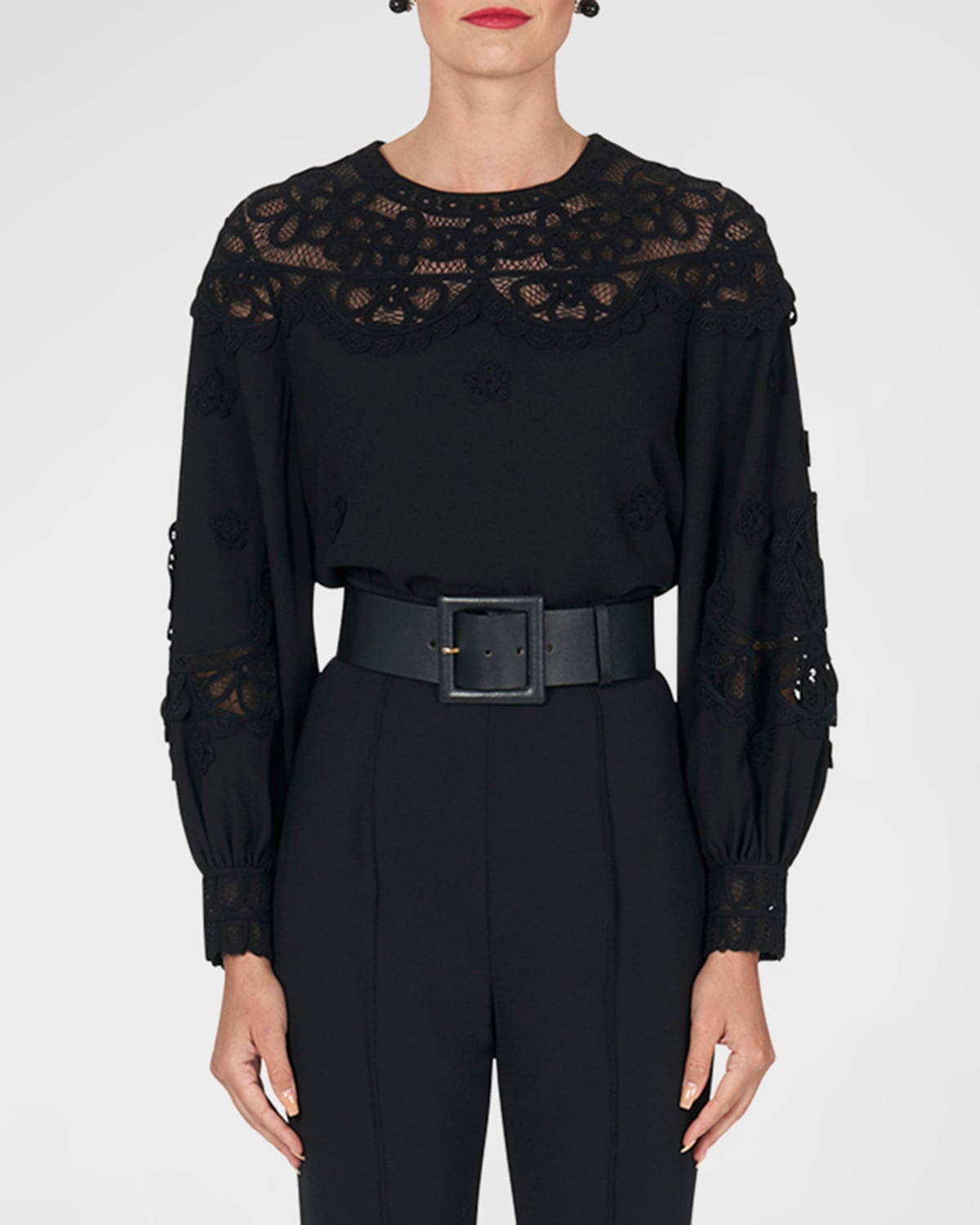 Shop Carolina Herrera Embroidered Puff-sleeve Top With Lace Panels In Black