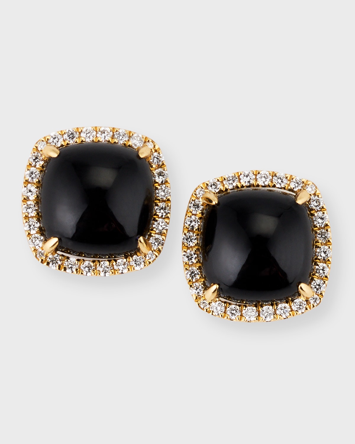 18K Yellow Gold Cushion Cabochon Black Onyx Earrings with Diamond Halos