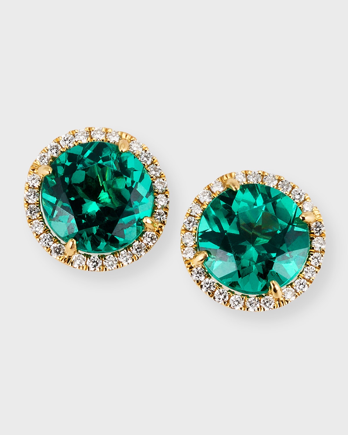 18K Yellow Gold Round Lab Grown Emerald Earrings with Diamond Halos