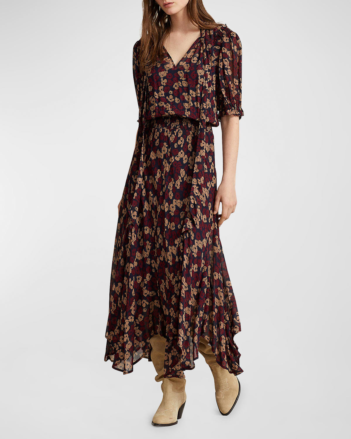 POLO RALPH LAUREN FLORAL TIE-NECK GEORGETTE DRESS