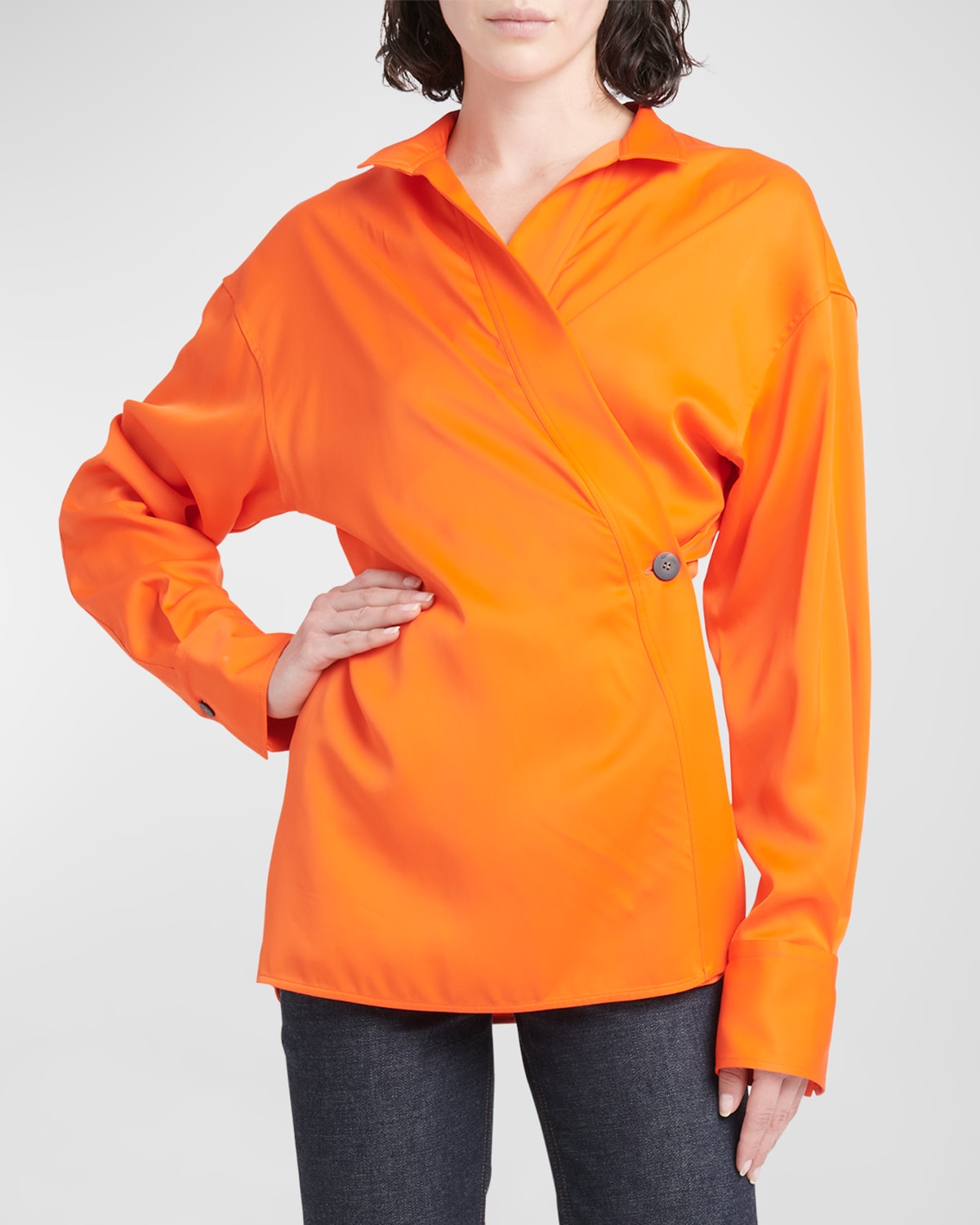 Shop Ferragamo One-button Long-sleeve Collared Wrap Shirt In Mandarin