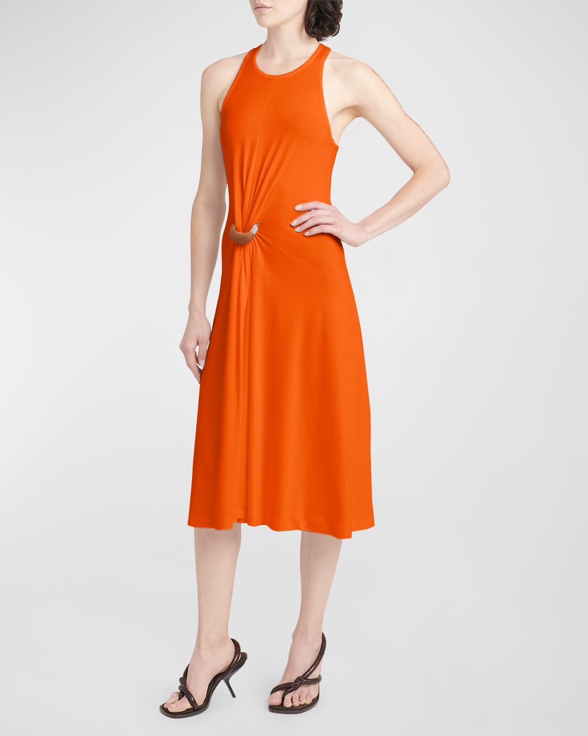 Ferragamo Gathered-ring Sleeveless Rib Jersey Midi Dress In Mandarin