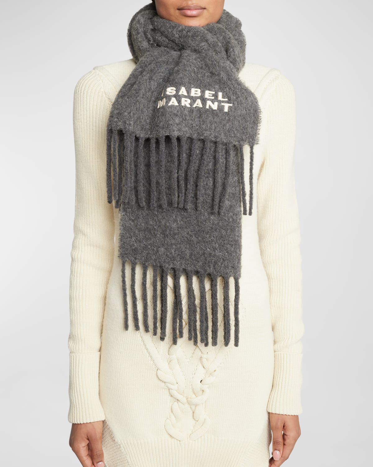 Isabel Marant Logo-embroidered Fringed Scarf In 20gy Grey