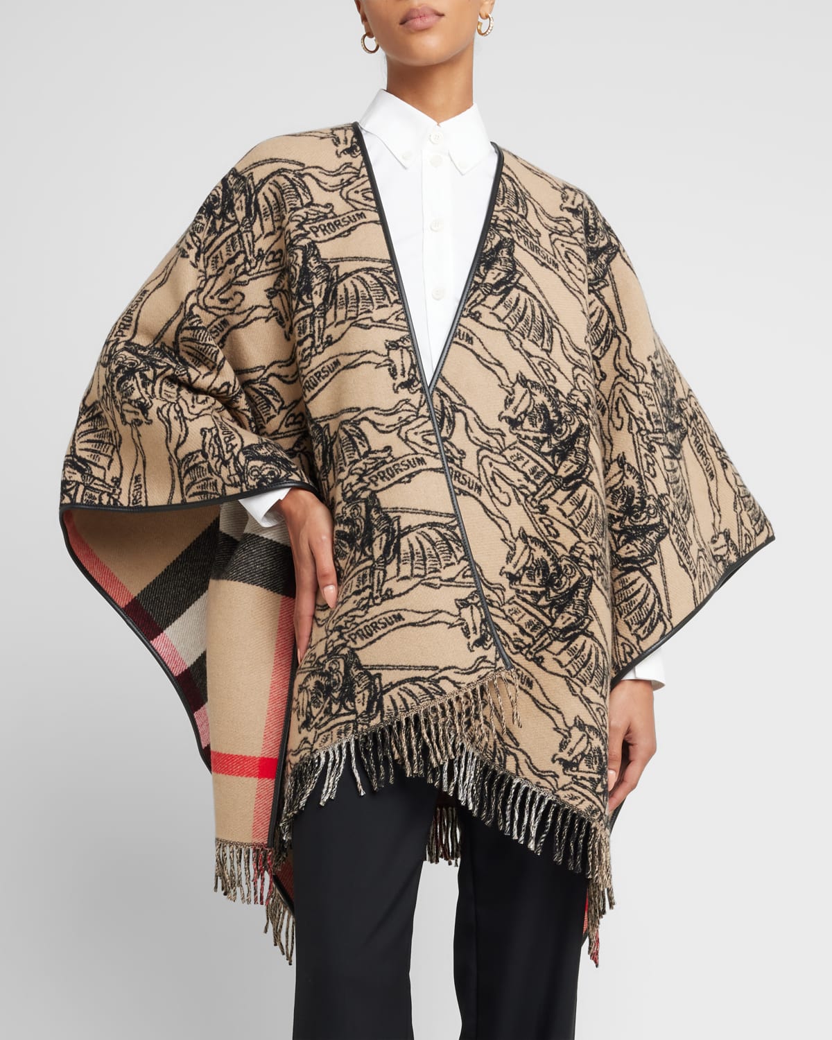 Burberry Ekd & Check Wool Cape In Archive Beige