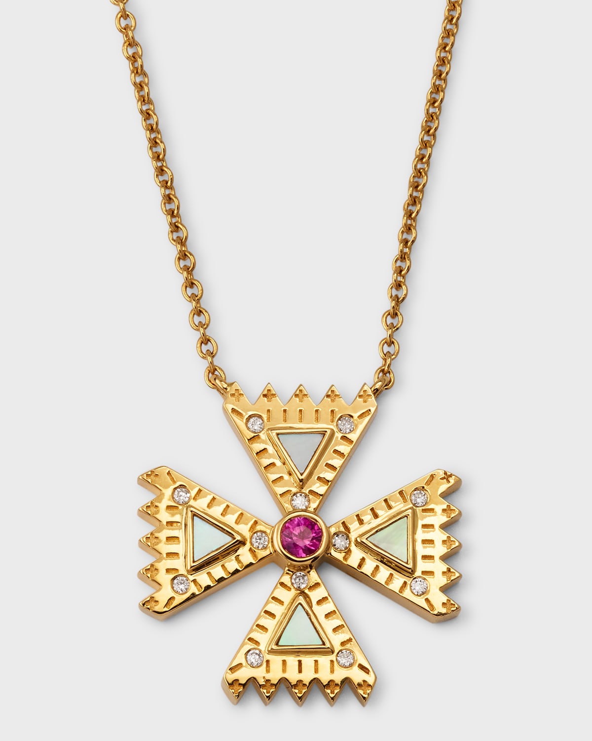 Diamond & Pink Sapphire Small Crux Cross Pendant Necklace