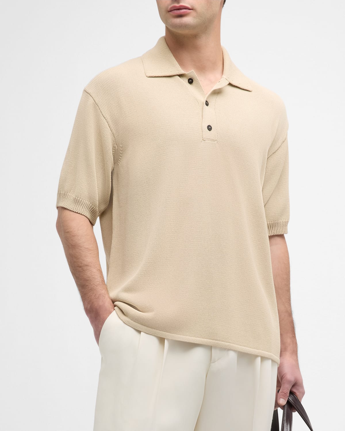 Shop Ferragamo Men's Knit Polo Shirt In Bone