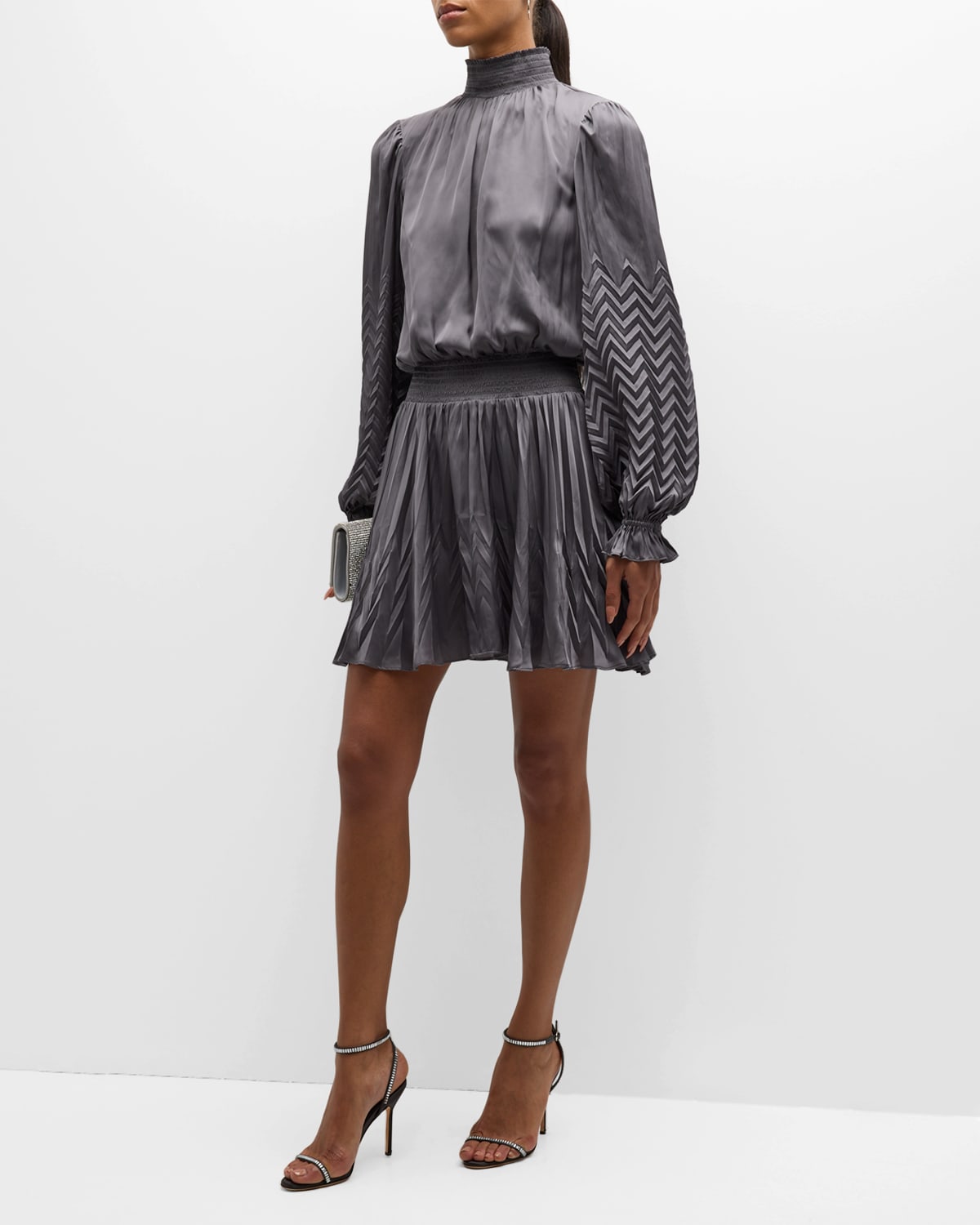 Ramy Brook Sawyer Chevron-pleated Mini Dress In Slate Grey