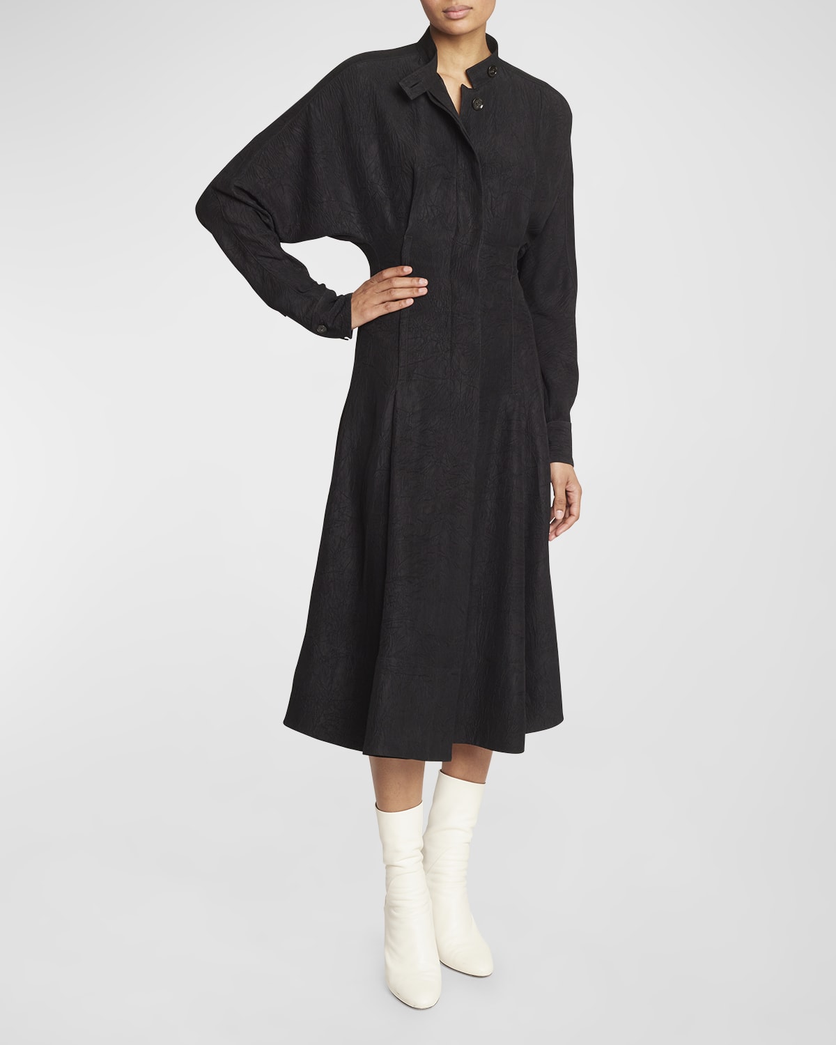 Proenza Schouler Button-hem Crushed Matte Satin Midi Shirtdress In Black