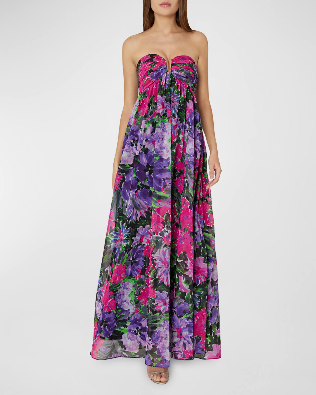 MILLY RIVER GARDEN STRAPLESS FLORAL-PRINT GOWN