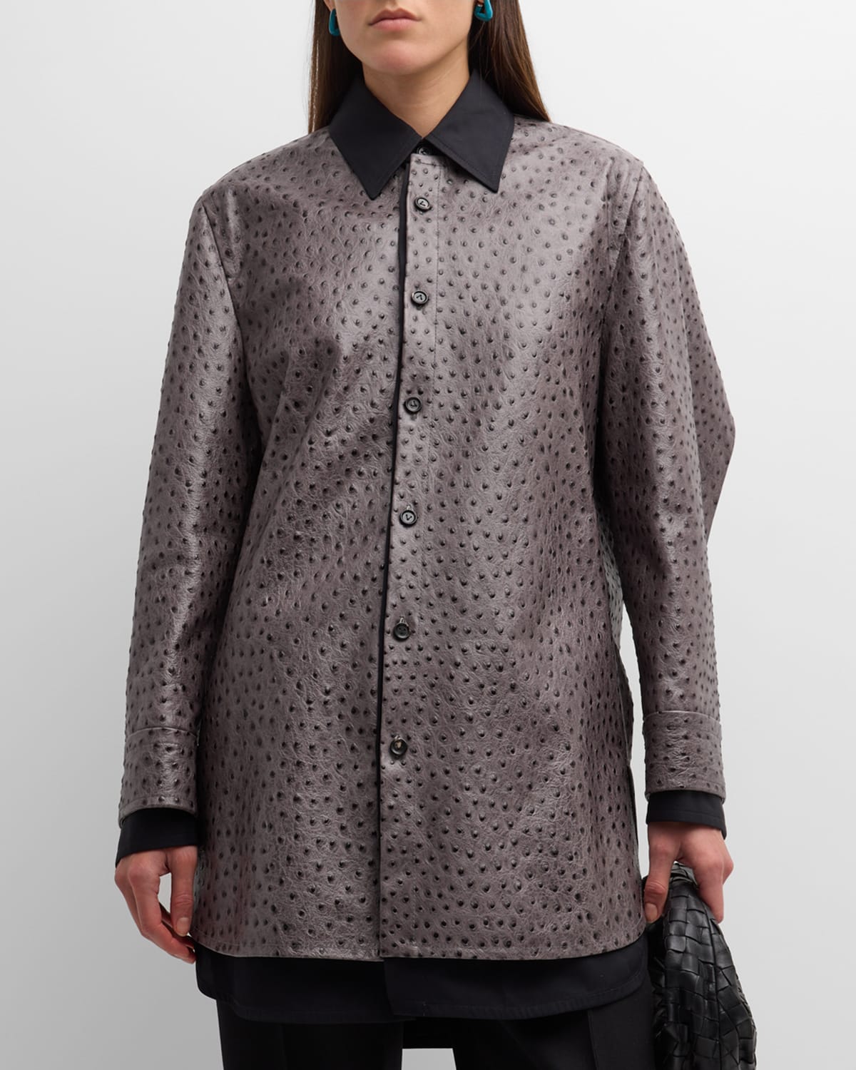 Bottega Veneta Embossed Ostrich Leather Layered Mini Shirtdress In Multi-nero