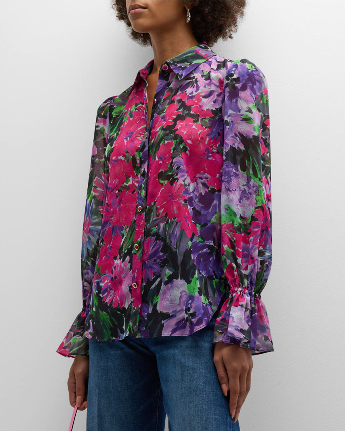 Milly Lacey Floral-print Button-down Blouse In Purple Mul