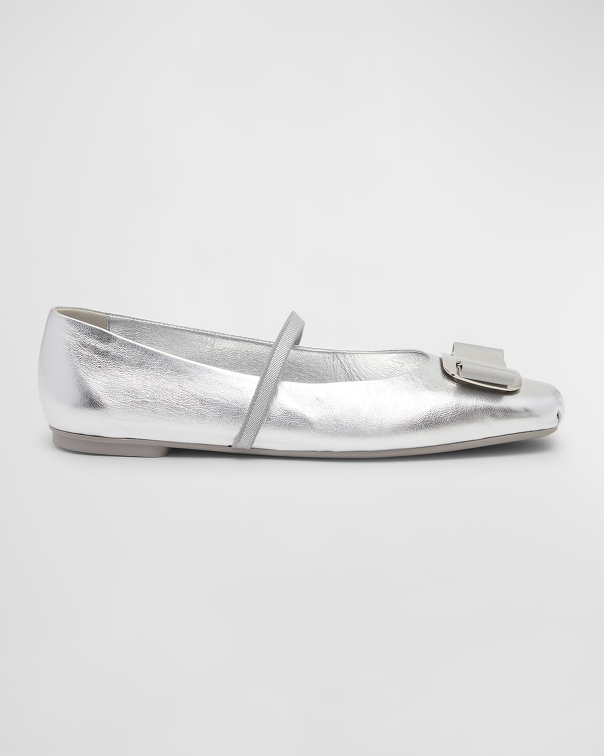 Shop Ferragamo Zina Metallic Bow Mary Jane Ballerina Flats In Silver