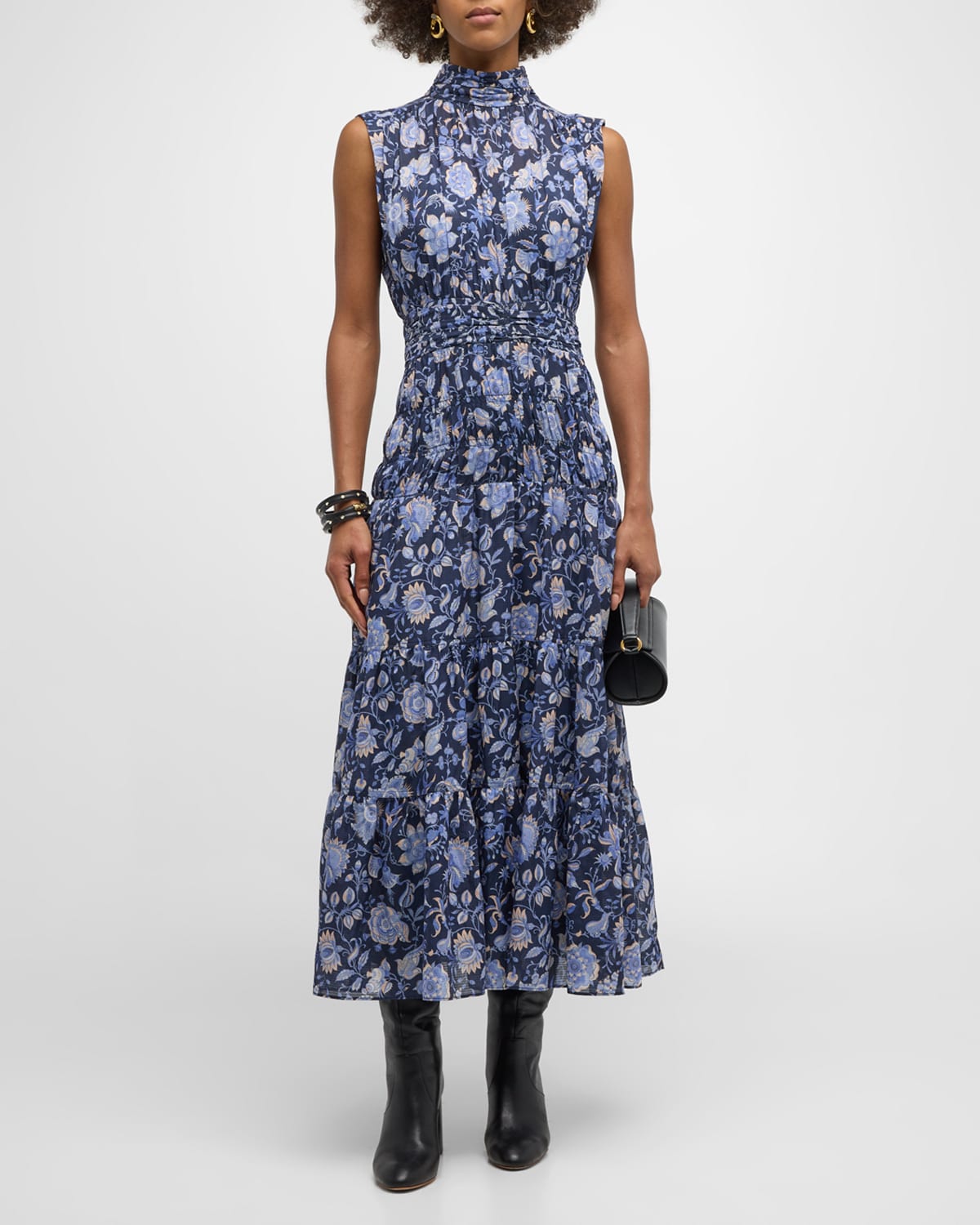 Shop Derek Lam 10 Crosby Junia Floral Ruched Sleeveless Midi Dress In Navy Multi
