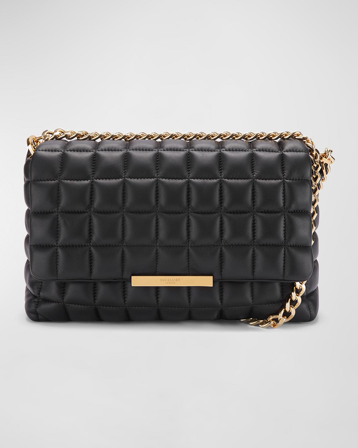 Demellier Phoenix Large Quilted Chain Shoulder Bag In Black Smooth 