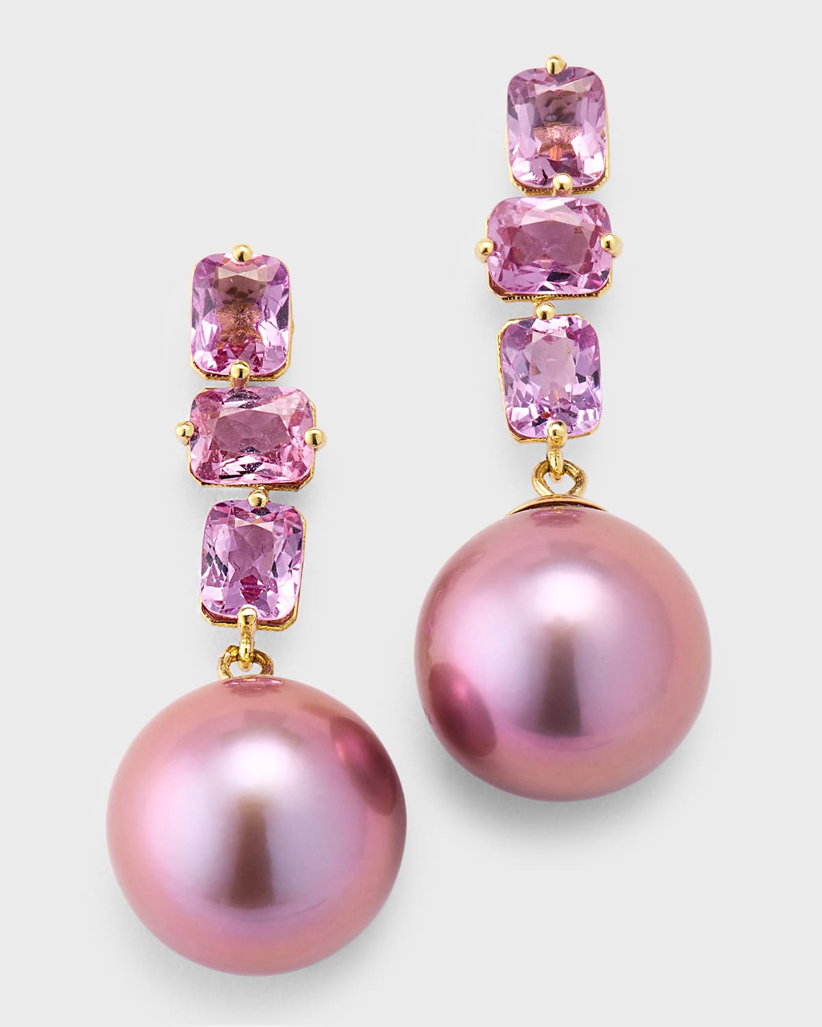Pearls By Shari 18k Yellow Gold Pink Sapphire And Kasumiga Pearl Earrings In Purple