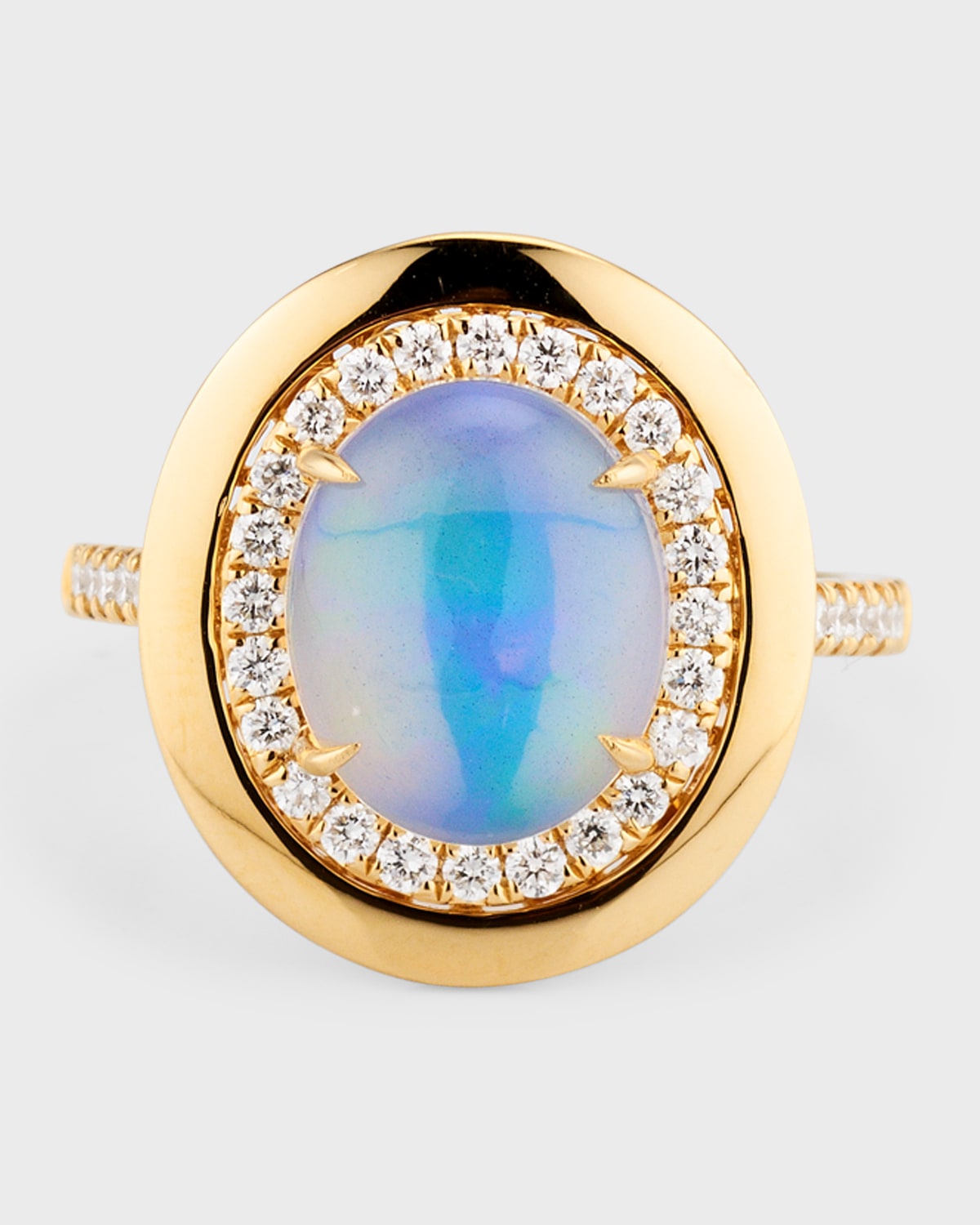 18K Yellow Gold Ring with Oval Opal and Diamonds, Size 7, 1.84tcw