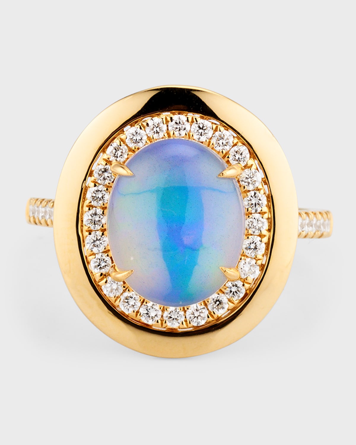 18K Yellow Gold Ring with Oval Opal and Diamonds, Size 7, 2.22tcw