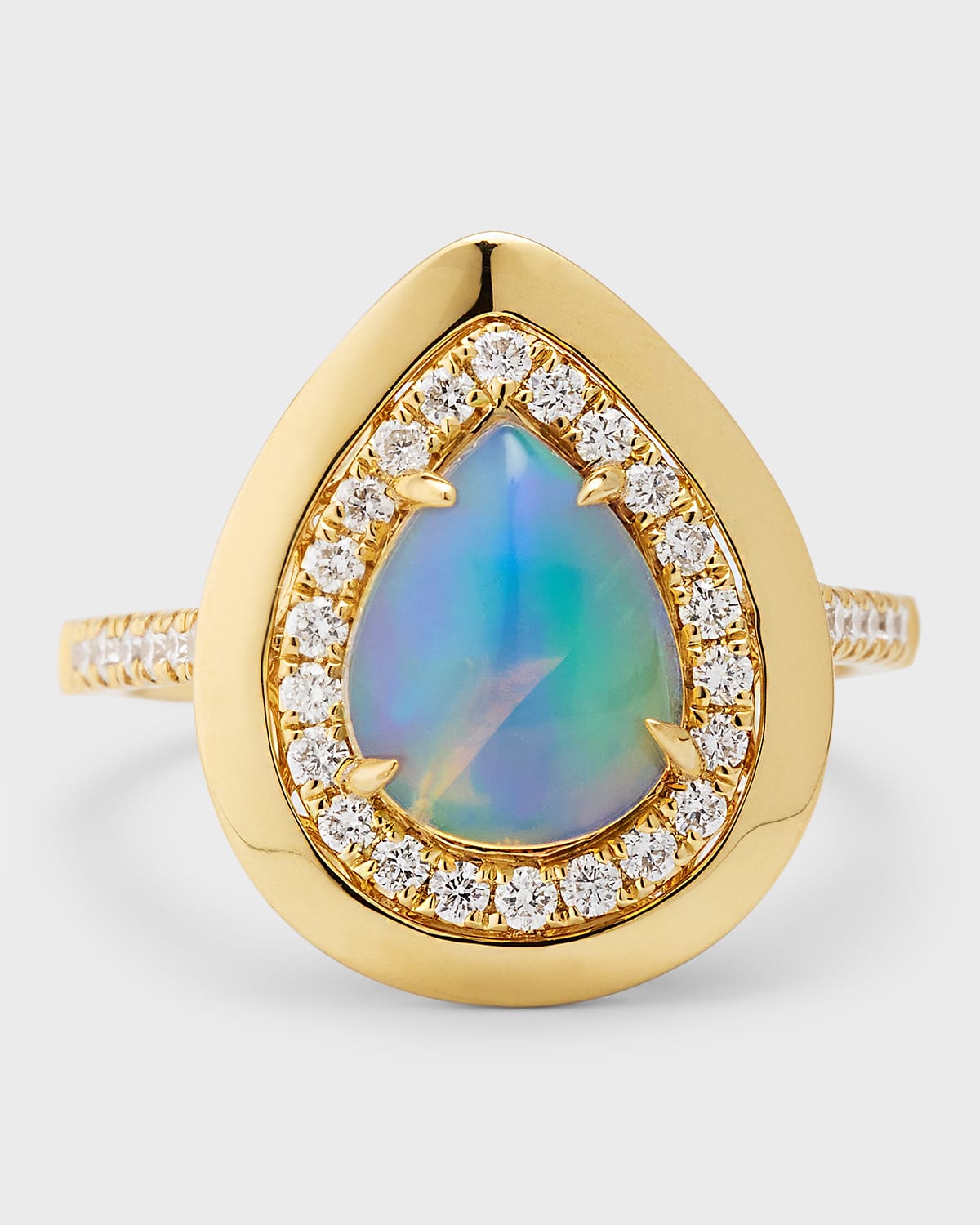 18K Yellow Gold Ring with Pear Shape Opal and Diamonds, Size 7