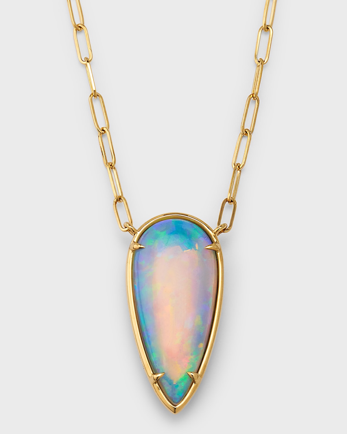 18K Yellow Gold Necklace with Pear Shape Opal on Paper Clip Chain, 5.95tcw