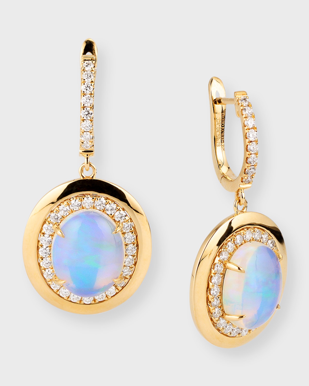 18K Yellow Gold Earrings with Oval-Shape Opal and Diamonds, 4.04tcw