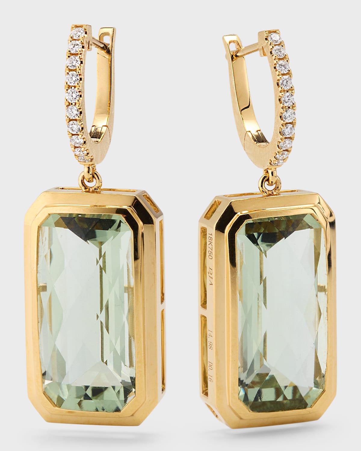 18K Yellow Gold Earrings with Green Amethyst and Diamonds, 14.98tcw