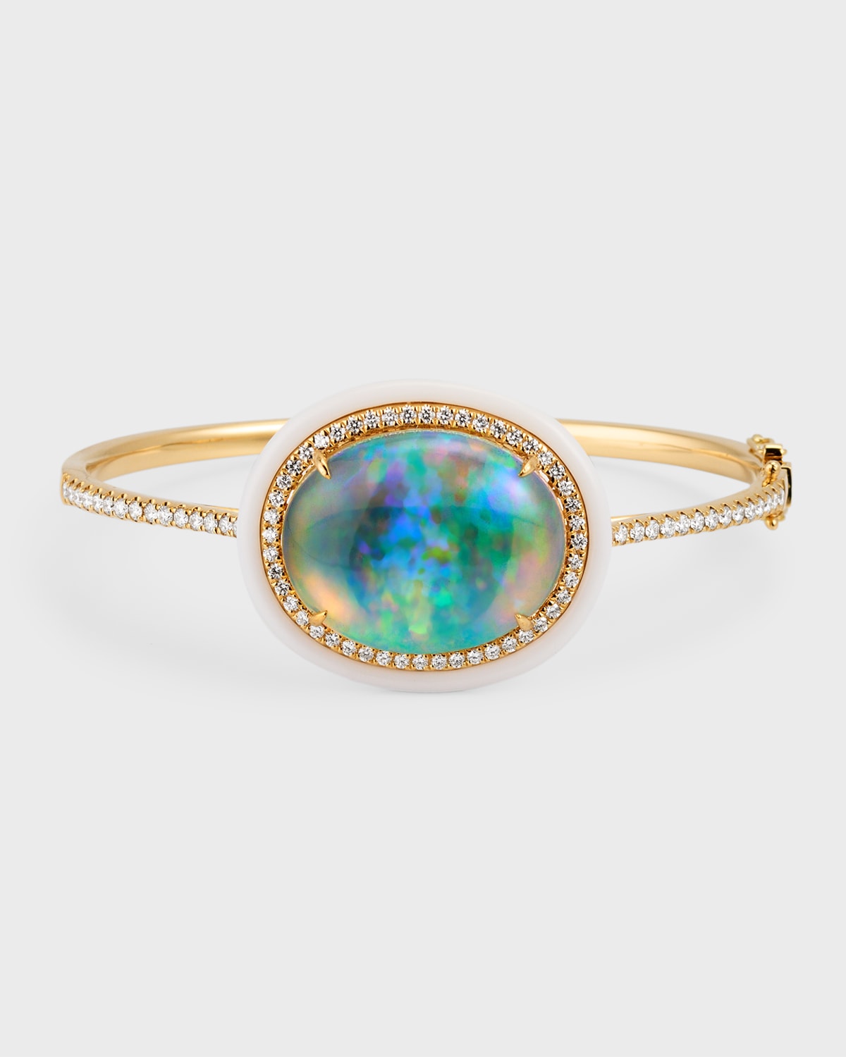 18K Yellow Gold Bangle with Oval Opal, Diamonds and White Frame