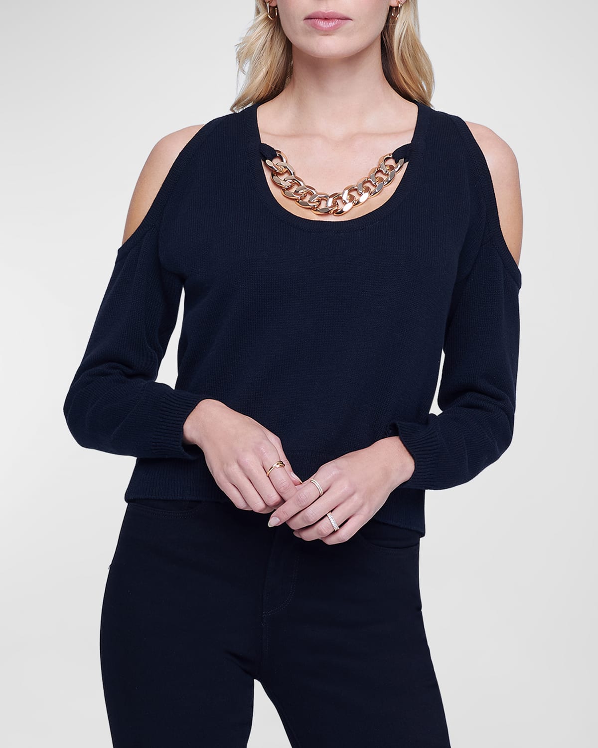 L Agence Indy Knit Long-sleeve Chain Detail Top In Black