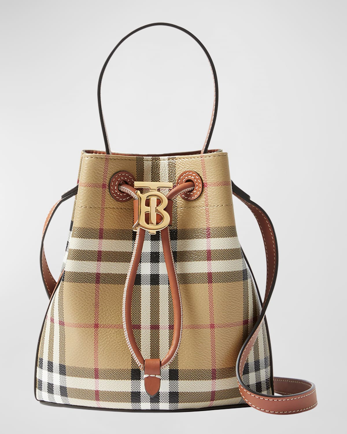 Check Drawstring Bucket Bag