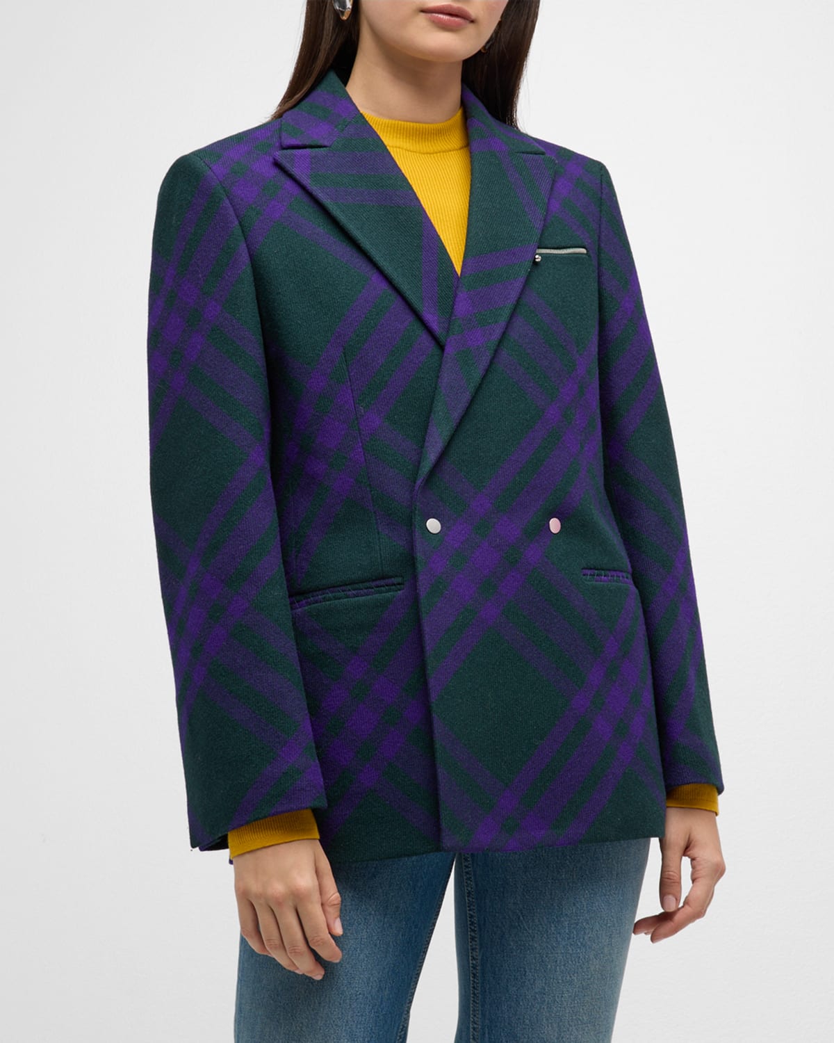 BURBERRY CHECK ZIP-POCKET DOUBLE-BREASTED WOOL TAILORED JACKET