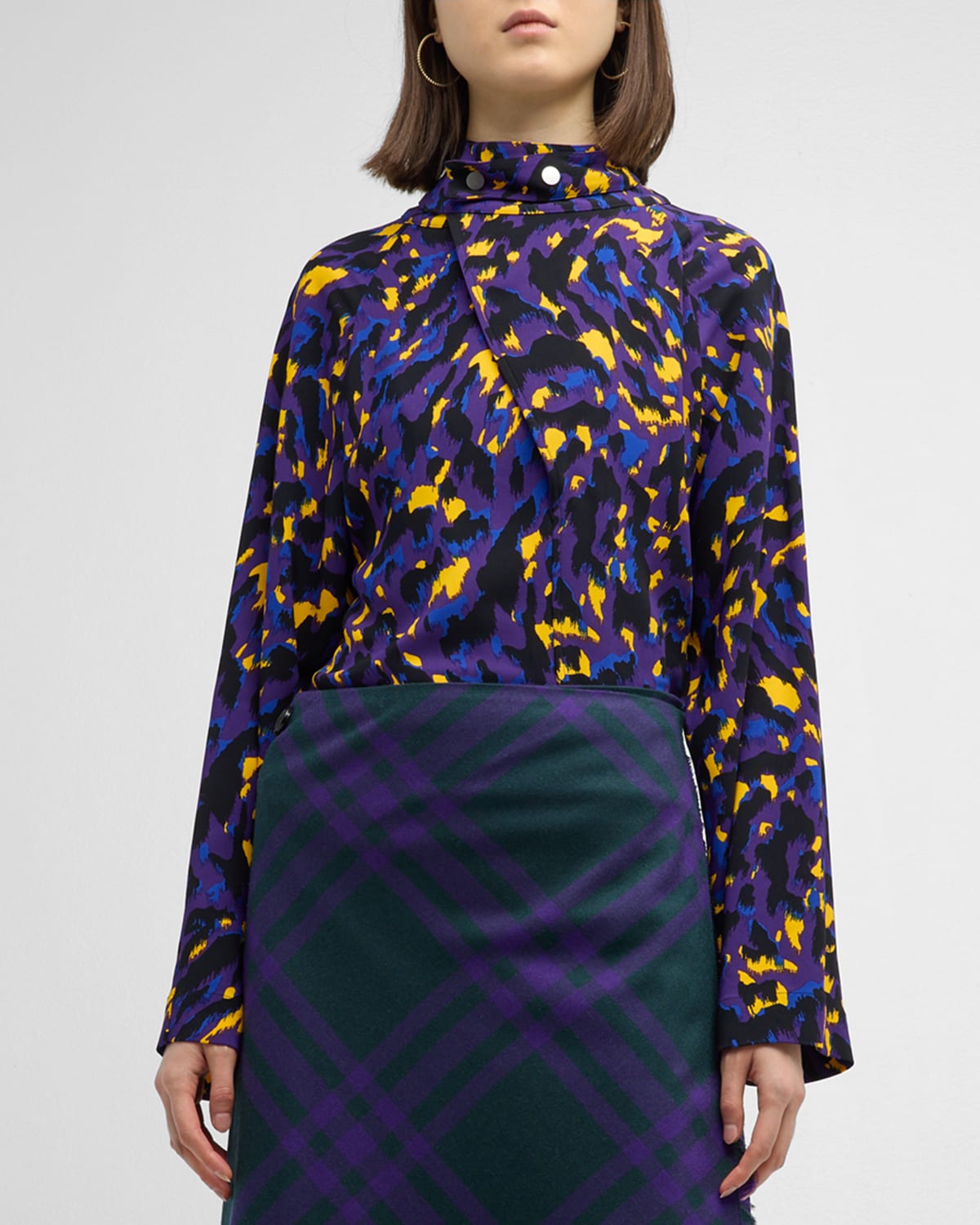 BURBERRY ABSTRACT-PRINT LONG-SLEEVE SILK TOP