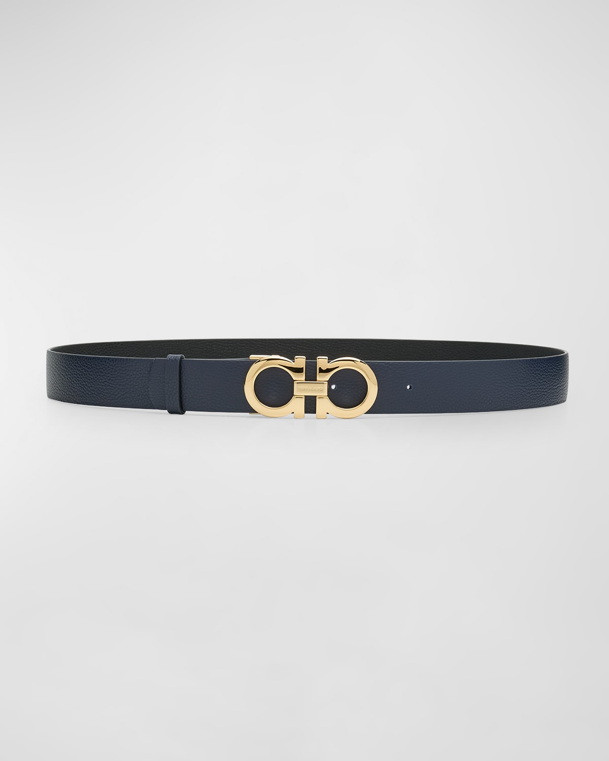 Shop Ferragamo Gancini Reversible Black Leather & Brass Belt In Mirto Nero