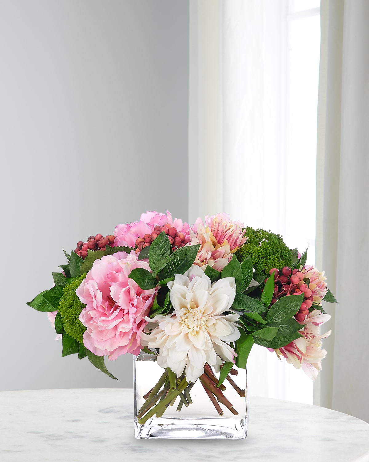 Ndi Dahlia And Peony 12" Faux Floral Arrangement In Glass Cube In Transparent