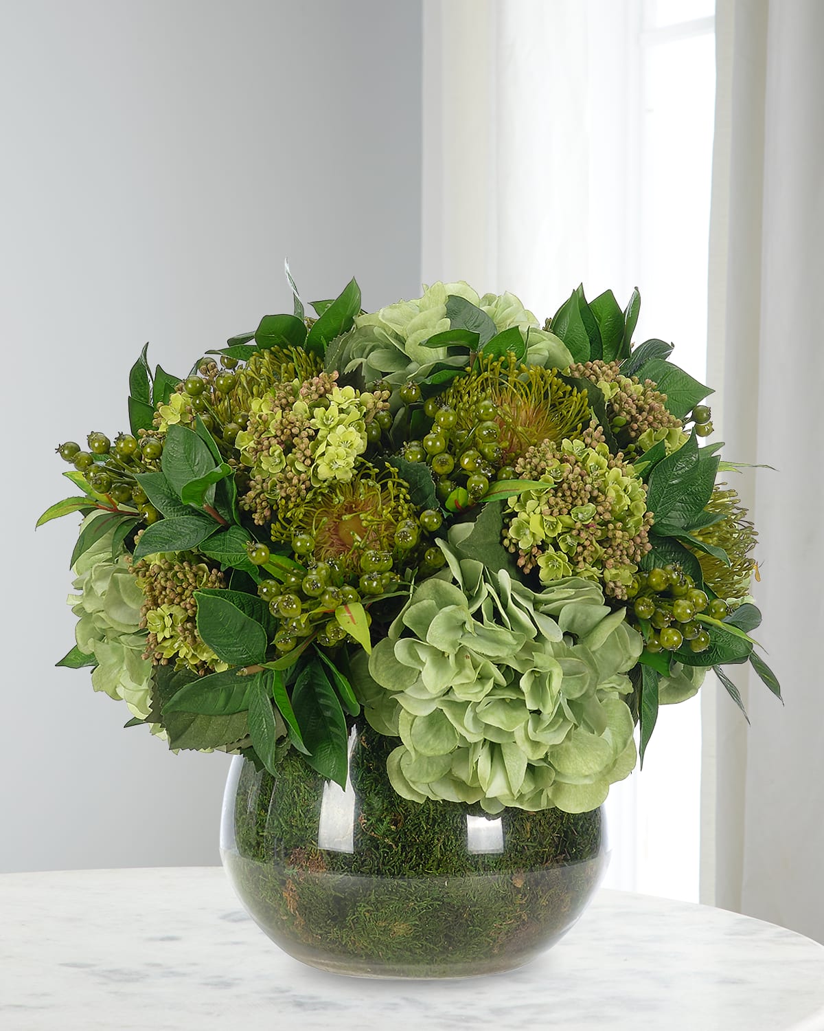 Ndi Hydrangea And Protea 15" Faux Floral Arrangement In Moss Garden In Green