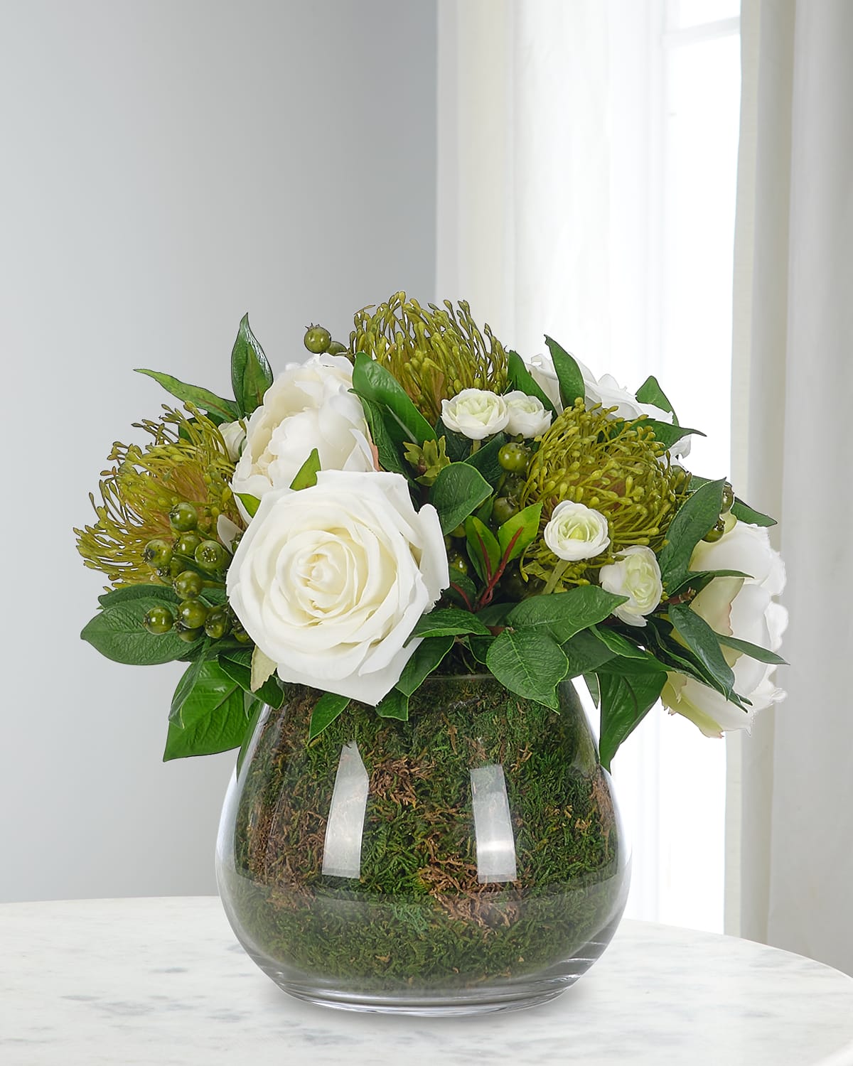 Ndi Roses And Proteas 11" Faux Floral Arrangement In Moss Garden Glass Vase In Green