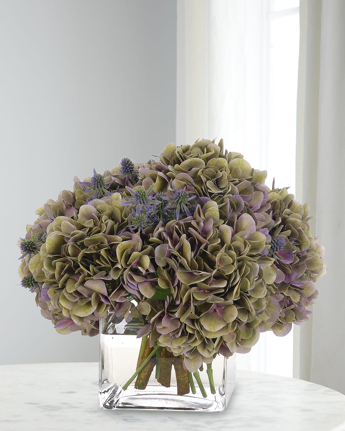 Ndi Hydrangeas 14" Faux Floral Arrangement In Glass Cube In Multi