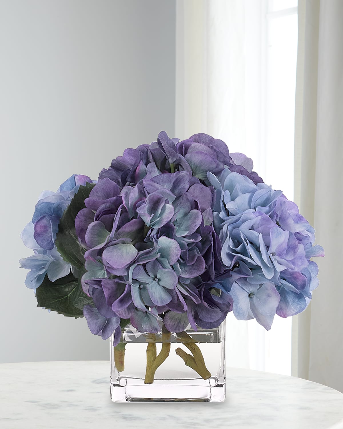 Ndi Hydrangeas 10" Faux Floral Arrangement In Glass Cube In Purple